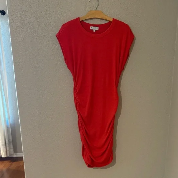 EUC Michael Stars Maude Power Shoulder Vibrant Coral Red Mini Dress - Picture 9 of 10